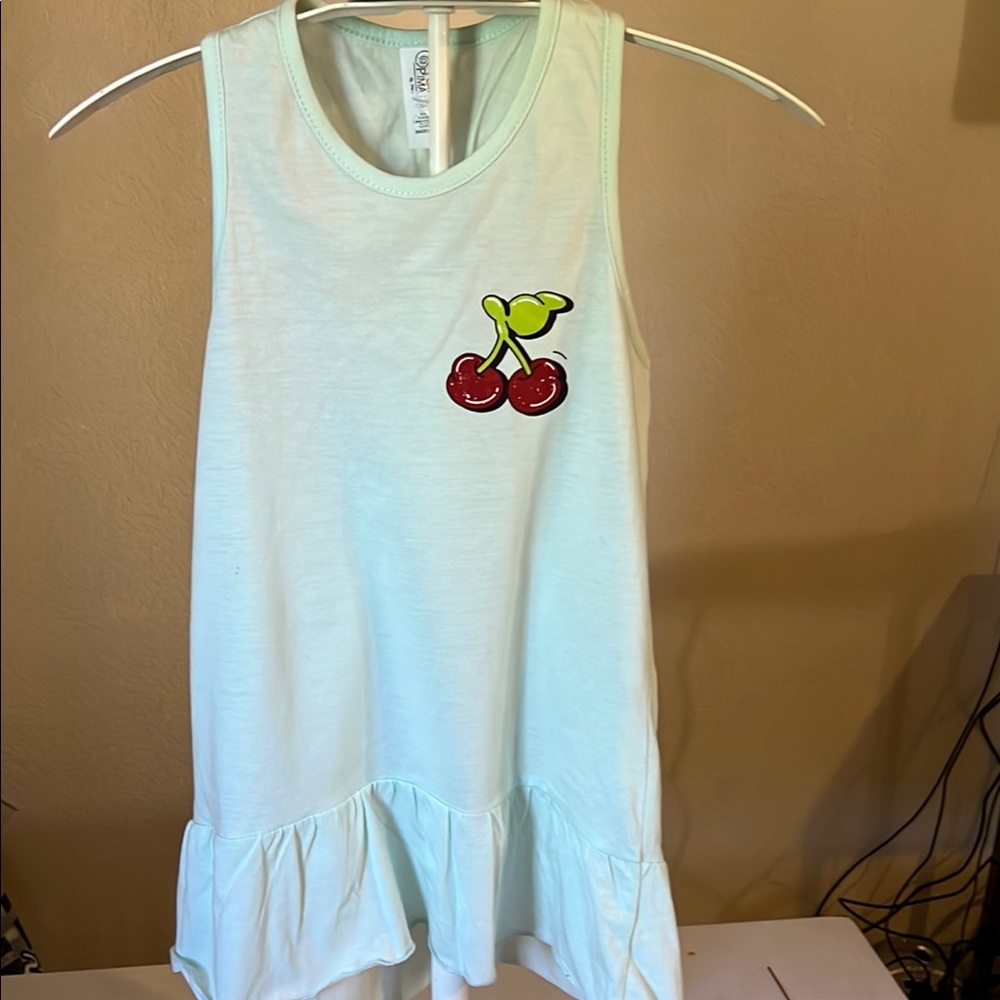 Blue Ruffled Tank Top with Cherry Embroidery